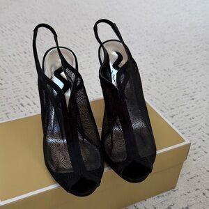 Nina Black Mesh Peep-Toe Slingback Heels